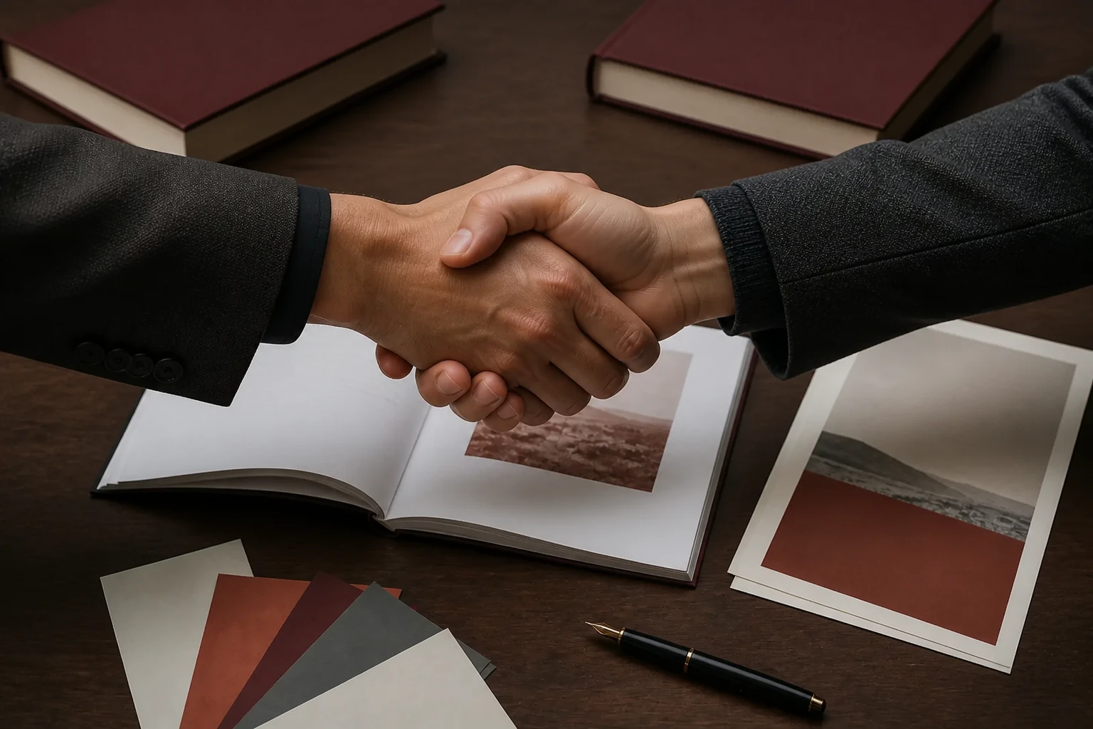 Dua mitra penerbitan berjabat tangan di atas buku dan naskah terbuka