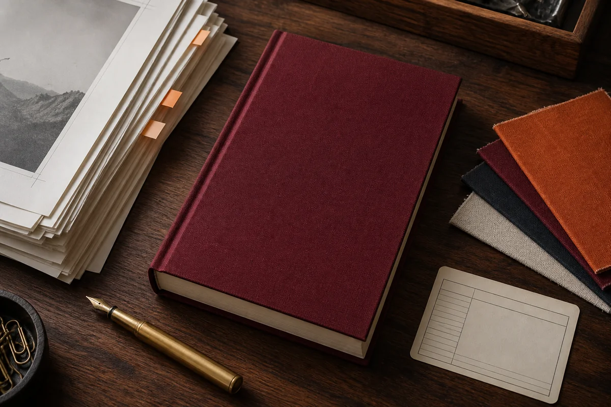 Buku bersampul maroon bersama proof naskah dan material penjilidan