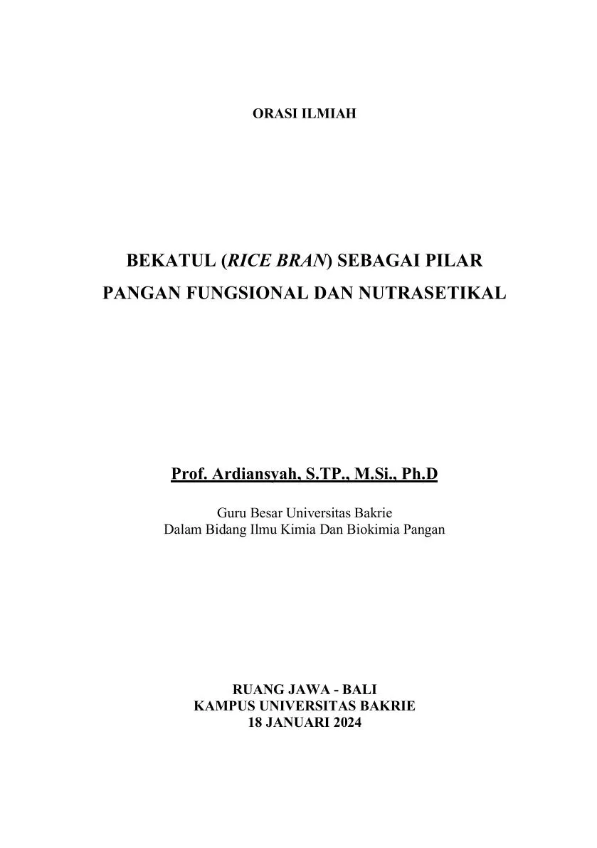 Bekatul (Rice Bran) sebagai Pilar Pangan Fungsional dan Nutrasetikal